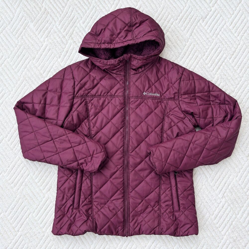 Columbia Women's L Copper Crest Hooded Quilted Sherpa Fleece Lined Jacket Plum